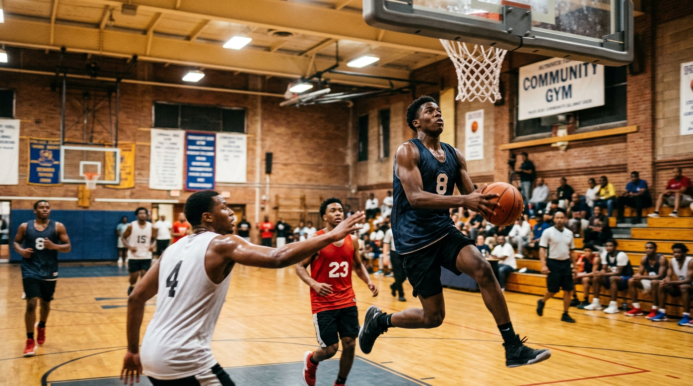 Adults playing pickup basketball in a gym