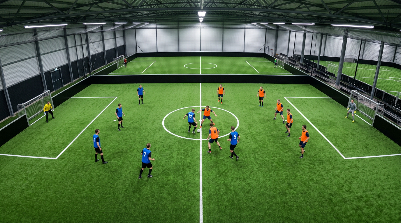 Sample overhead view of an indoor turf soccer game