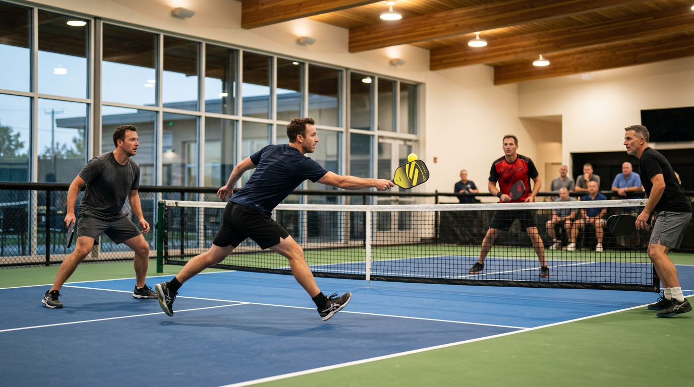 Adults playing doubles pickleball indoors